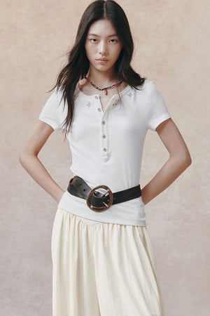 Embroidered Lyocell Henley Top