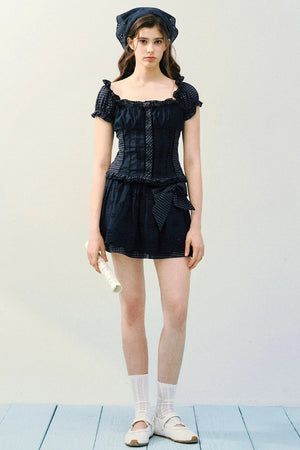 Embroidered Plaid Bow Skirt Set-Up