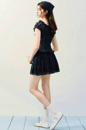 Embroidered Plaid Bow Skirt Set-Up