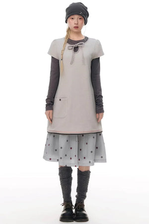 Embroidered Tie Neck Dress