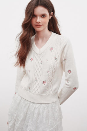 Embroidered V-Neck Knit Sweater