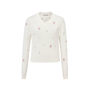Embroidered V-Neck Knit Sweater