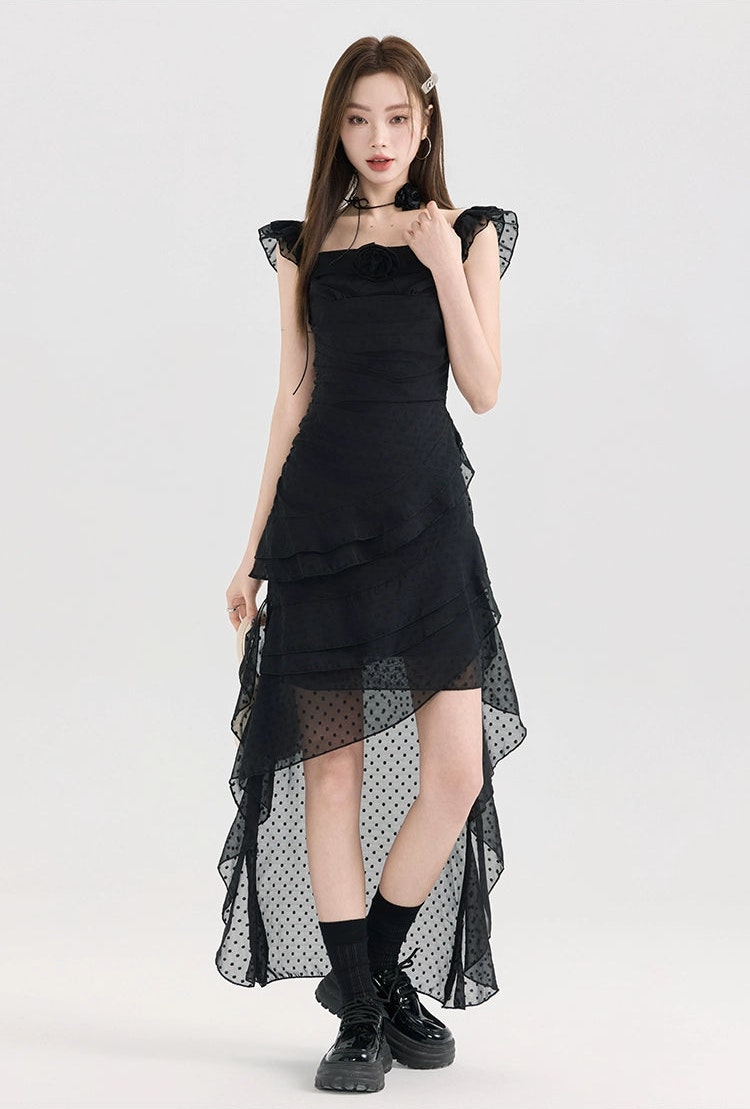 Polka Dot Mesh Ruffle High-Low Dress