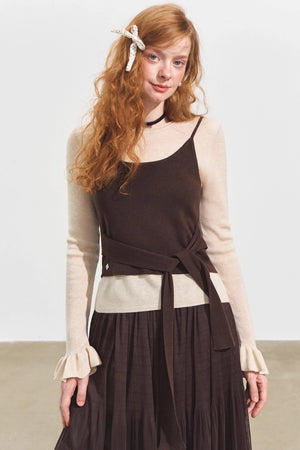 Fake Two Contrasting Lace-Up Top