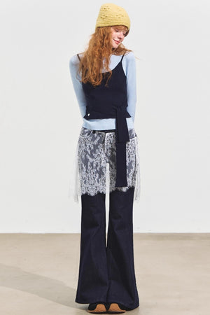 Fake Two Contrasting Lace-Up Top