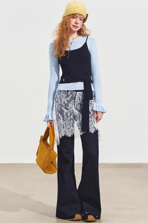 Fake Two Contrasting Lace-Up Top