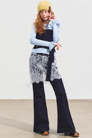 Fake Two Contrasting Lace-Up Top