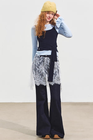 Fake Two Contrasting Lace-Up Top