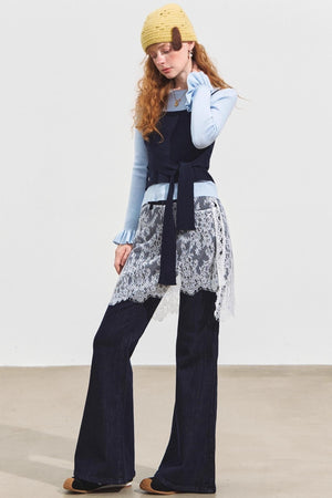 Fake Two Contrasting Lace-Up Top