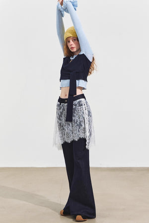Fake Two Contrasting Lace-Up Top