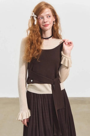 Fake Two Contrasting Tie-Up Sweater