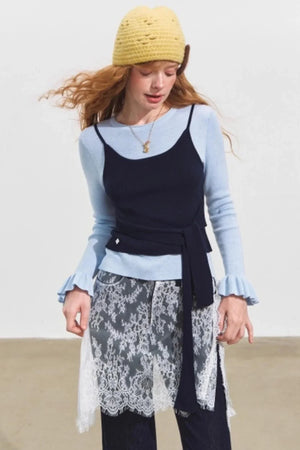 Fake Two Contrasting Tie-Up Sweater