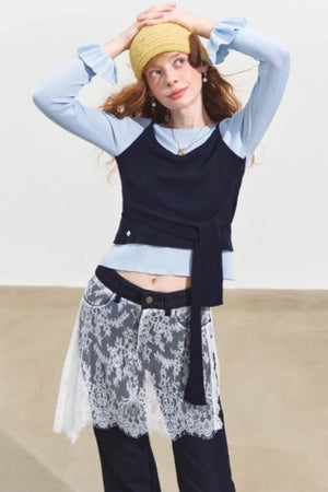 Fake Two Contrasting Tie-Up Sweater