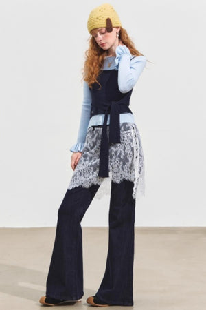 Fake Two Contrasting Tie-Up Sweater