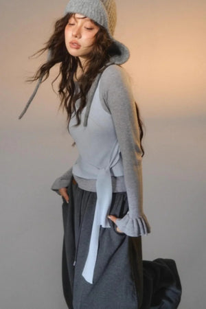 Fake Two Contrasting Tie-Up Sweater