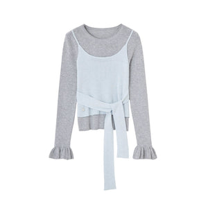 Fake Two Contrasting Tie-Up Sweater