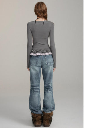 Fake Two Lace Vest Long-Sleeve T-Shirt