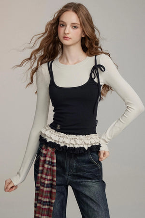 Fake Two Lace Vest Long-Sleeve T-Shirt
