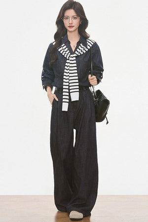 Faux Denim Shirt, Wide Pants and Jacket Set