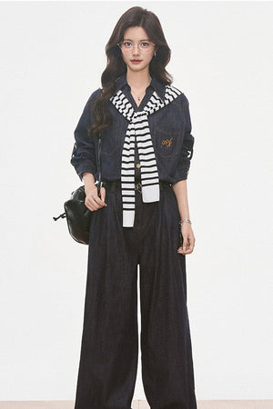 Faux Denim Shirt, Wide Pants and Jacket Set