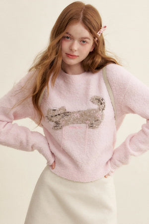 Feline Jacquard Pink Knit Sweater