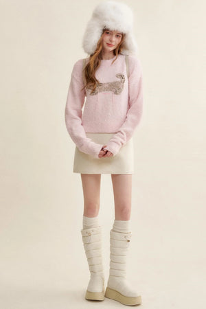 Feline Jacquard Pink Knit Sweater