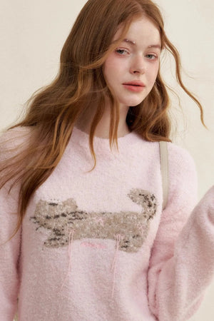 Feline Jacquard Pink Knit Sweater