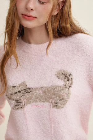 Feline Jacquard Pink Knit Sweater
