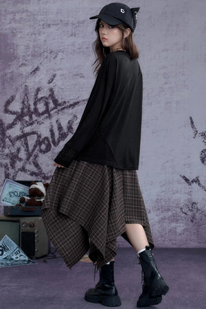 Fighting Spirit Street Brown Plaid Long Skirt