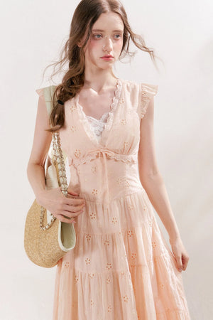 Five-Petal Flower Cutout Tiered Cotton Dress