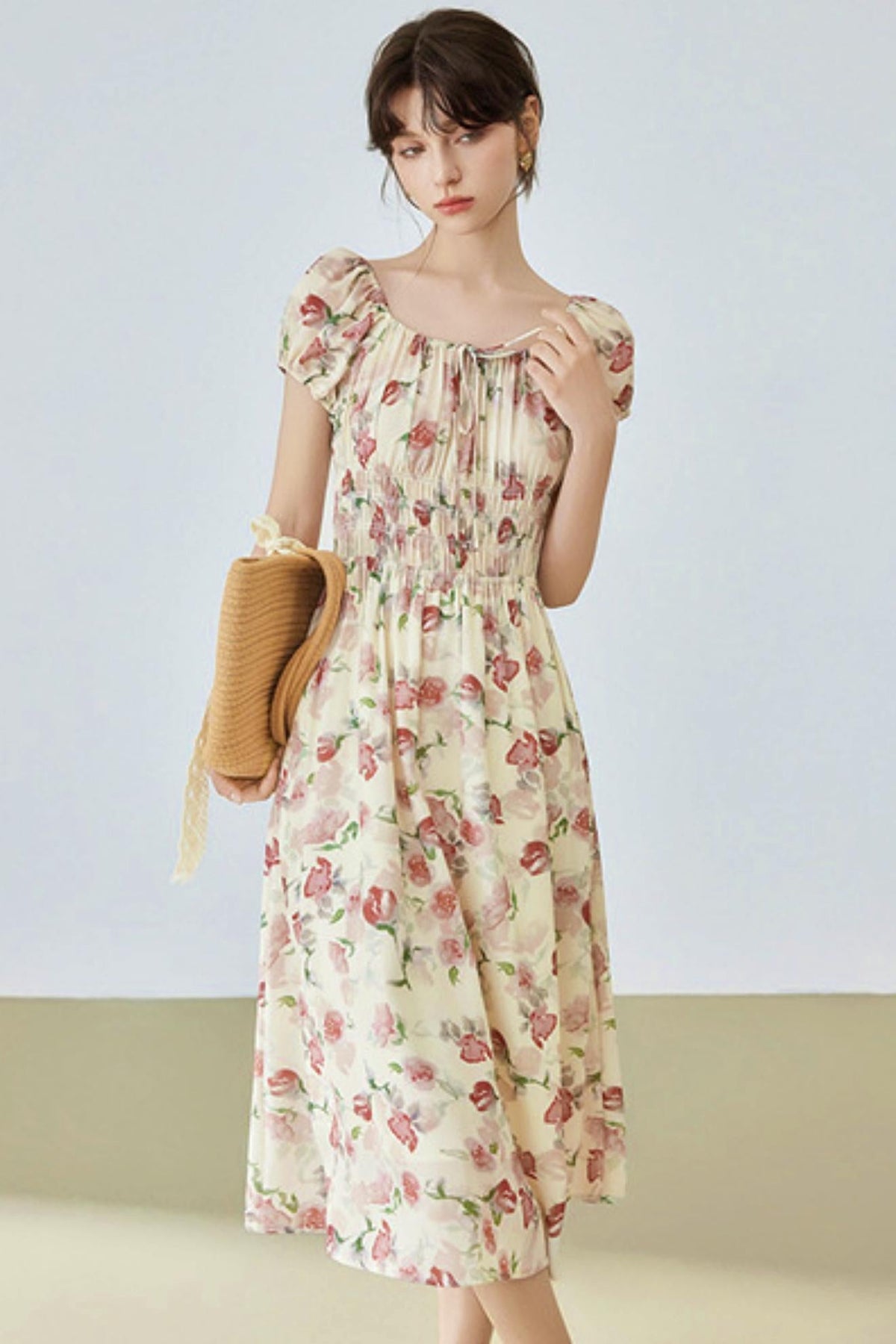 Floral Bubble Sleeve Midi Dress