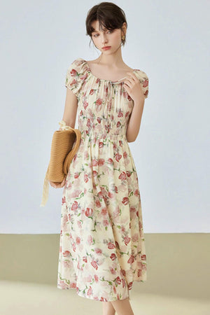 Floral Bubble Sleeve Midi Dress