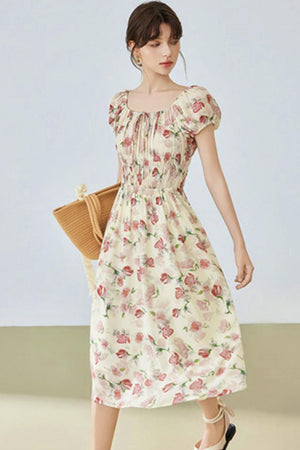 Floral Bubble Sleeve Midi Dress