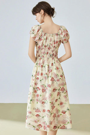 Floral Bubble Sleeve Midi Dress