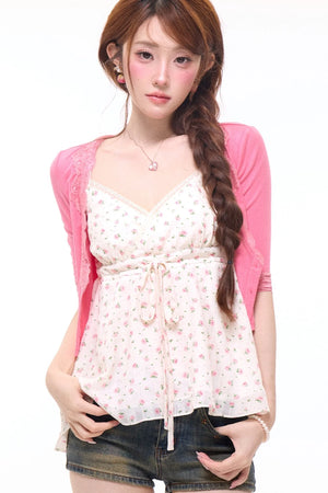 Floral Camisole Cardigan and Denim Shorts Set-Up