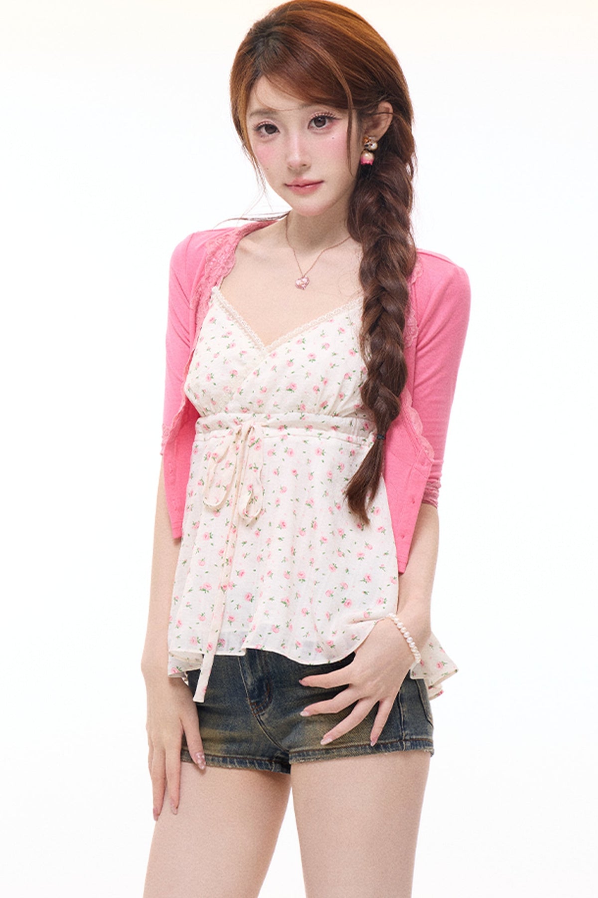 Floral Camisole Cardigan and Denim Shorts Set-Up