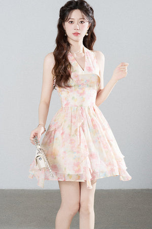 Floral Chiffon Halter V-Neck Ruffle Dress
