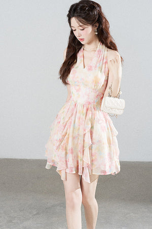 Floral Chiffon Halter V-Neck Ruffle Dress