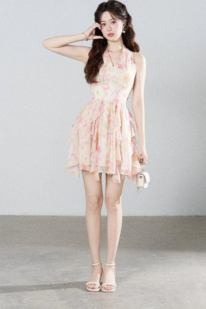 Floral Chiffon Halter V-Neck Ruffle Dress