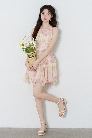 Floral Chiffon Halter V-Neck Ruffle Dress