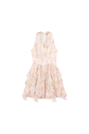 Floral Chiffon Halter V-Neck Ruffle Dress