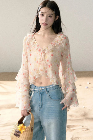 Floral Chiffon Ruffle Blouse