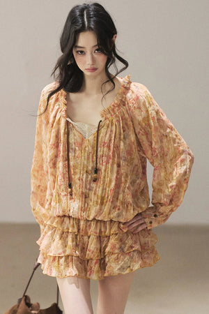 Floral Chiffon Shirt Dress And Leggings