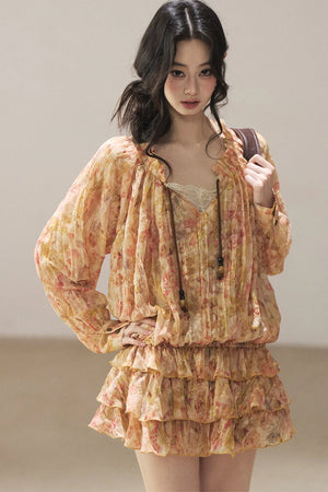 Floral Chiffon Shirt Dress And Leggings
