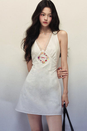 Floral Embroidered Lace V-Neck Sleeveless A-Line Mini Dress