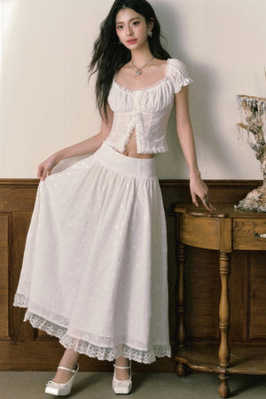 Floral Embroidered Top And Flared Skirt Set-Up