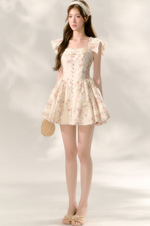 Floral Flutter Sleeve Puffy Dress