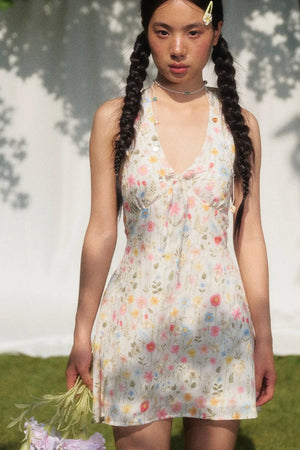 Floral Halterneck V-Neck Tie Waist Dress