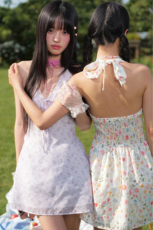 Floral Halterneck V-Neck Tie Waist Dress