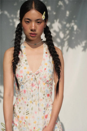 Floral Halterneck V-Neck Tie Waist Dress